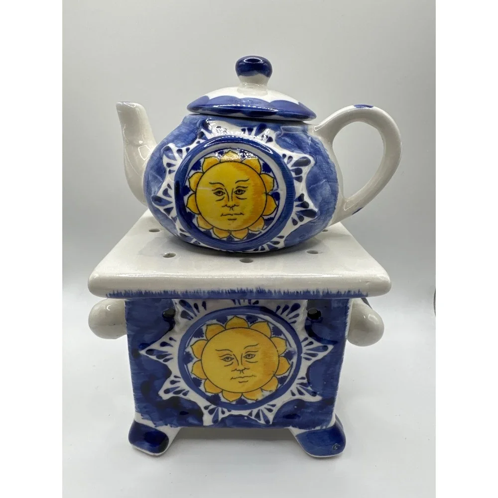 Hand Painted Ceramic Sun Face Teapot with Tea Light Warmer Base Blue White